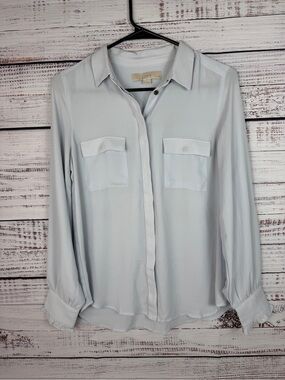 LOFT Petites Ruffle Cuff Button Down Blouse Icy Blue SP‎